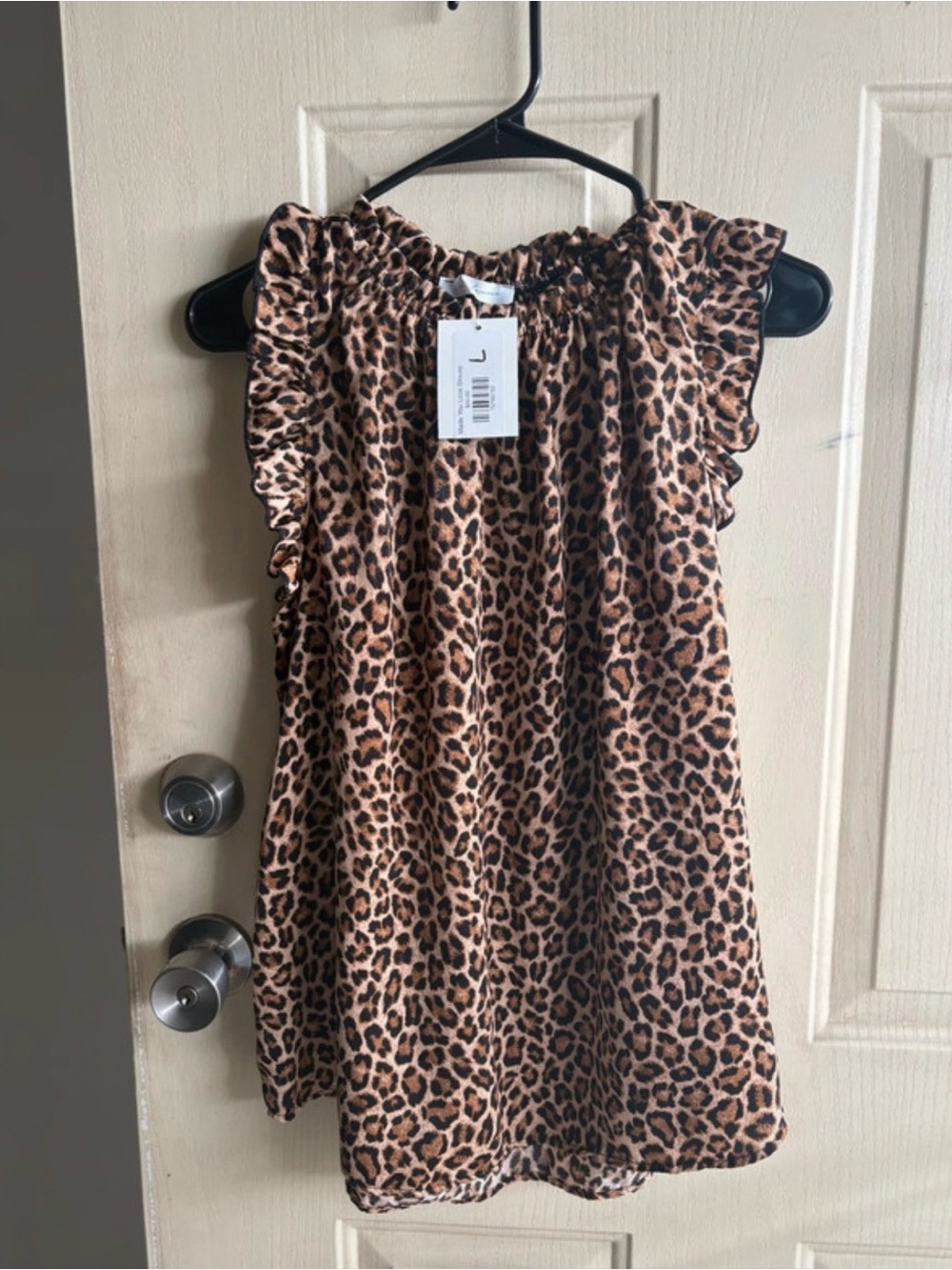 Ces Femme Leopard Print Ruffle Sleeve Top - Tan & Black